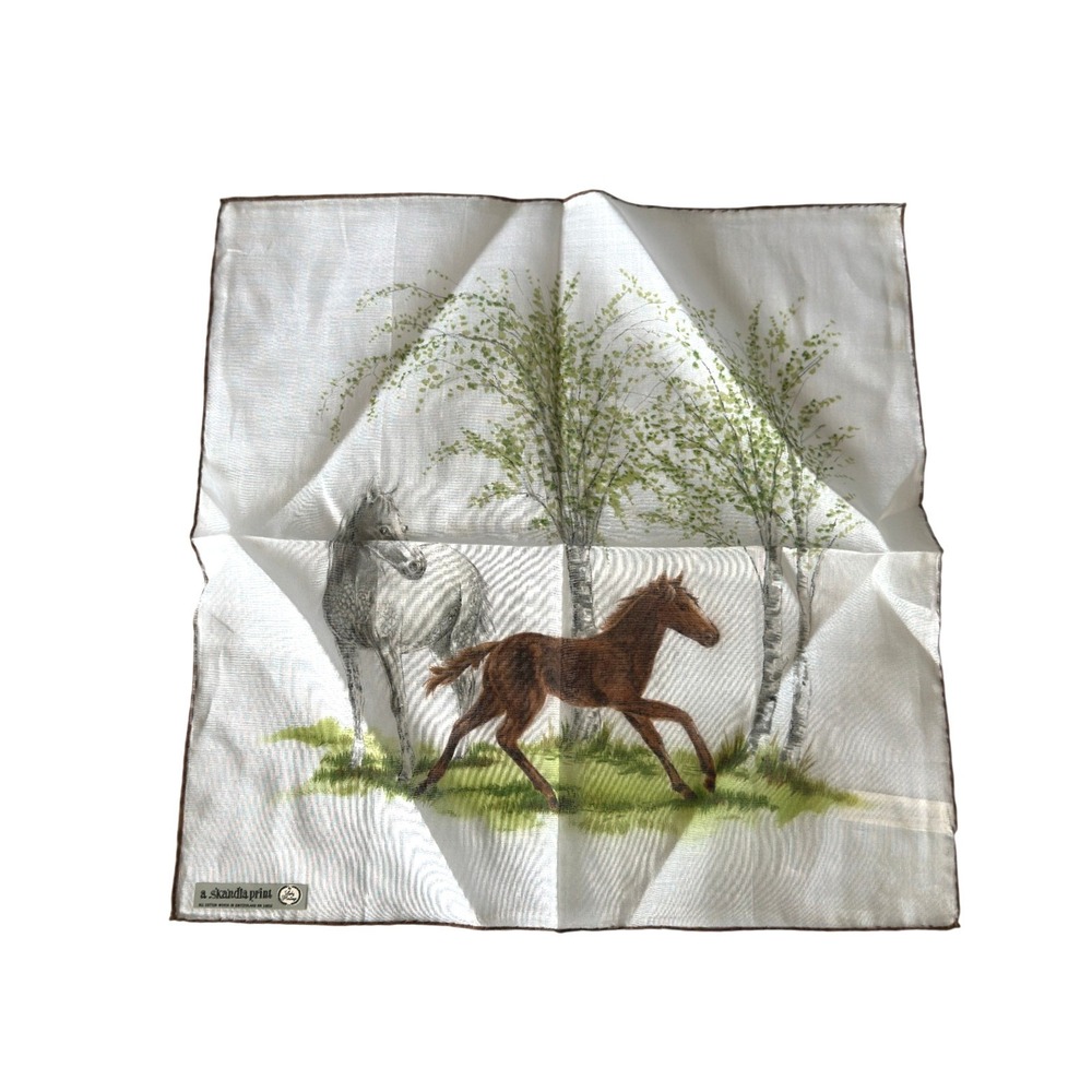 Vintage 60s Skandia Print Horses Handkerchief 1968  Cotton White